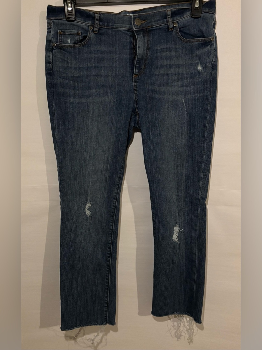 LOFT Original Straight Jeans 12P Distressed Raw Hem Petite Medium Wash